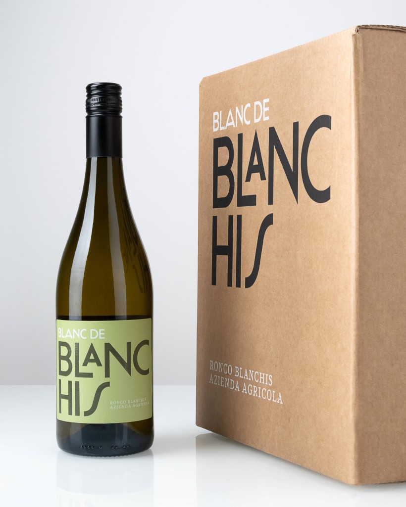 Chardonnay Blanc de Blanchis dettaglio Bottiglia Blanc de Blanchis con box in cartone stampato in 2 colori